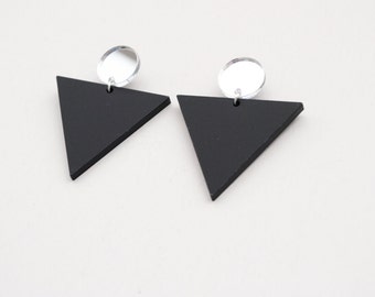 Triangle earrings, geometric earrings, black and silver earrings, triangle post earrings, futuristic earrings, laser cut earrings