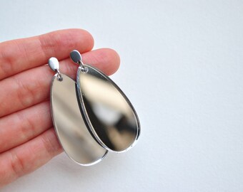 Teardrop earrings, mirror acrylic dangle earrings, elegant post earrings, shiny earrings, silver earrings