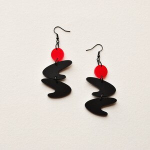 Mid century modern earrings, red and black earrings, modernist earrings, long black earrings, designer earrings, organic shape, gift for her image 3