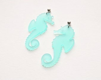 Seahorse earrings, translucent aqua earrings, nature inspired earrings, animal earrings, ocean life earrings, laser cut acrylic earrings