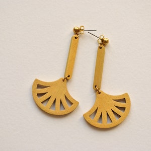 Fan shaped earrings, geometric earrings, gold earrings, retro geometric earrings, hand painted earrings, art deco earrings, gift for her image 3