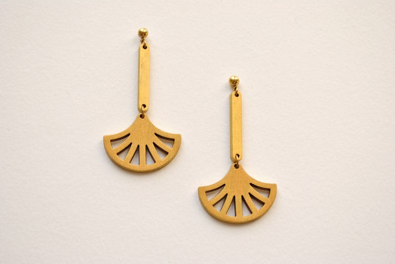Fan shaped earrings, geometric earrings, gold earrings, retro geometric earrings, hand painted earrings, art deco earrings, gift for her image 1