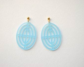 Light blue and gold Art Deco earrings, translucent oval earrings, bold geometric earrings, statement elegant earrings, half circle earrings