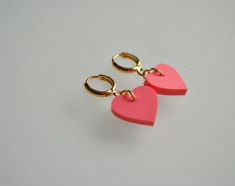 Coral pink heart charm hoops, pink and gold heart earrings, small heart charm earrings, Valentine's day gift for her, ultralight earrings