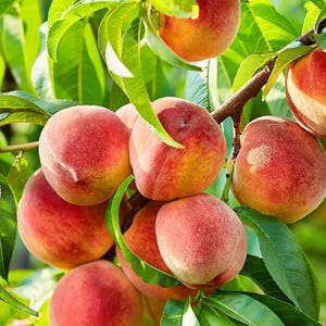 May include: A close-up of a peach tree branch laden with ripe peaches. The peaches are a vibrant mix of red and yellow hues, with a fuzzy texture. The green leaves provide a contrasting backdrop, highlighting the fruit's colors.