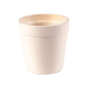 May include: A small, off-white ceramic planter with a cylindrical shape. The planter has a slightly flared rim and a smooth, matte finish. The interior is a lighter shade of cream. Ideal for small plants or succulents.