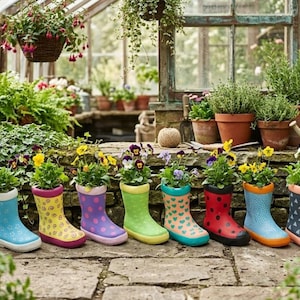 May include: A row of colorful rain boot planters filled with flowers. The boots are in various colors, including blue, yellow, purple, green, teal, red, and gray, each with a unique pattern. The boots are arranged on a stone path in a greenhouse setting.