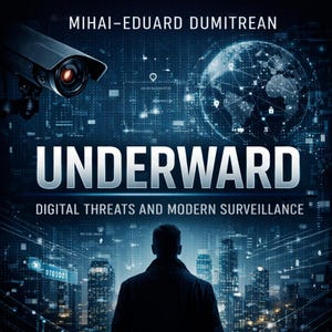 May include: Book cover for "UNDERWARD: Digital Threats and Modern Surveillance" by Mihai-Eduard Dumitrean. Features a cityscape, a surveillance camera, and a globe with interconnected lines. The title is in large, bold letters.
