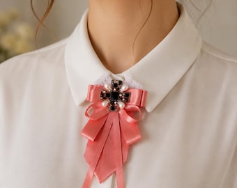 Vintage Pink Satin Ribbon Brooch, Pearl Crystal Statement Pin, Victorian Style Bow