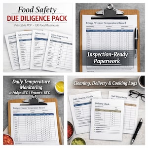 Puede incluir: Un conjunto de documentos imprimibles de seguridad alimentaria, que incluyen registros de temperatura, programas de limpieza y controles de entrega. Los documentos están diseñados para empresas alimentarias del Reino Unido y están disponibles en PDF. El texto "Food Safety Due Diligence Pack" es visible.