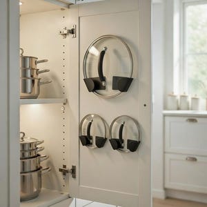 Op de afbeelding: Een witte keukenkast met roestvrijstalen potten en pannen gestapeld op planken. De kastdeur heeft twee glazen pannendeksels met zwarte handvatten, gemonteerd op zwarte houders.