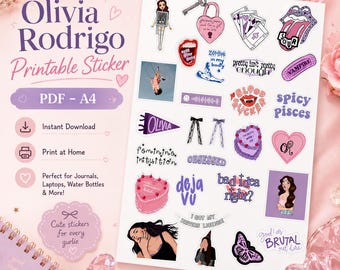 May include: A printable A4 sticker sheet featuring various illustrations and text related to Olivia Rodrigo, including a heart-shaped padlock, a tongue graphic, a cake, butterflies, and phrases like 'spicy pisces' and 'bad idea right?' in purple and pink.