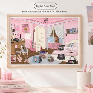 May include: A digital art print featuring a pink bedroom interior with a bed, a desk, a wardrobe, a guitar, and a cat sitting on a chair. The walls are decorated with posters and the text "you seem pretty sad or for a girl so in love" is written across the top.
