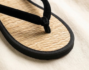 Sandalias de junco marino hechas a mano con tiras de terciopelo - Chanclas de paja natural para hombre y mujer - Pantuflas ecológicas para playa, yoga y spa - Regalo ideal para la playa
