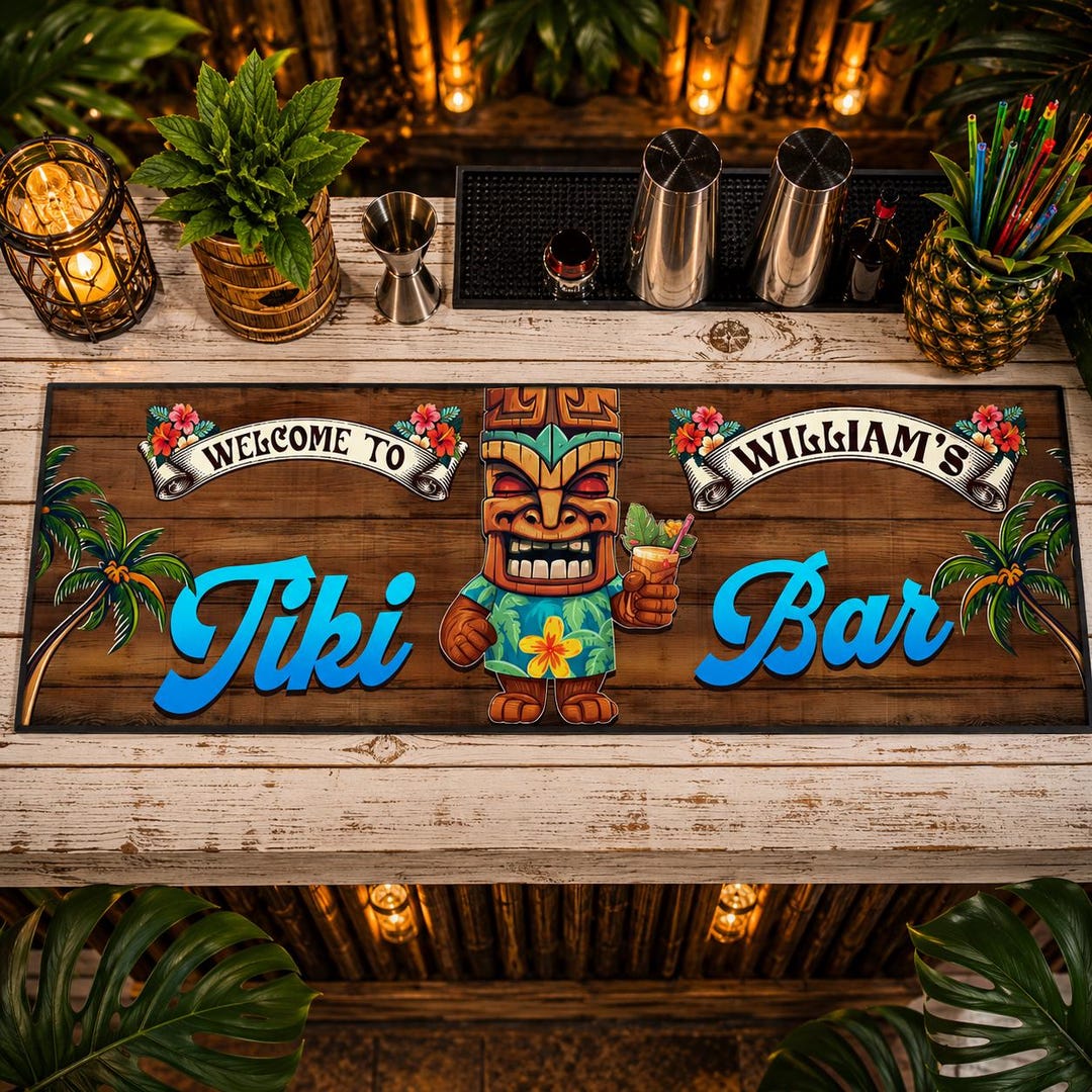 Custom Name Tiki Bar Mat for Outdoor Bar Decor, Cocktail Station Spill ...