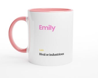 Personalized First Name Meaning Coffee Mug - Emily in Pink, Custom Latin Origin Gift