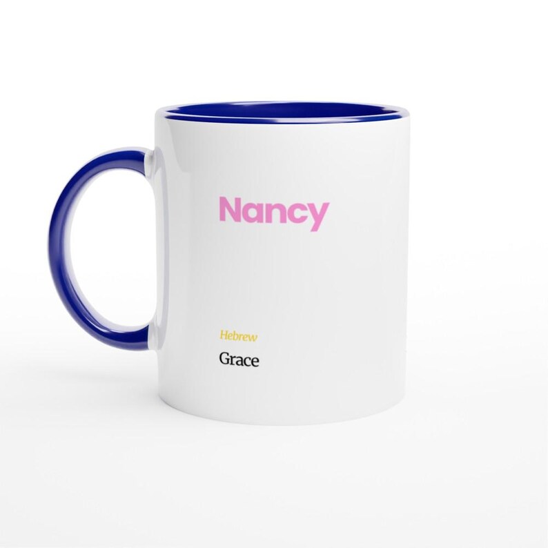 Nancy First Name Meaning Coffee Mug - Personalized Hebrew Script Design in Vibrant Hues Ceramic Blue