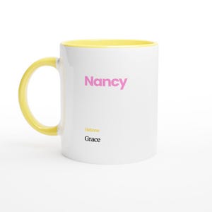 Nancy First Name Meaning Coffee Mug - Personalized Hebrew Script Design in Vibrant Hues Ceramic Yellow