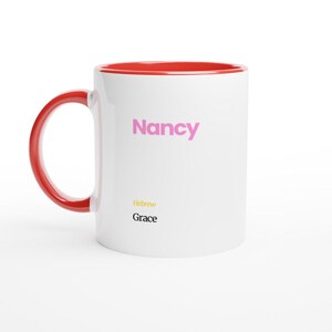 Nancy First Name Meaning Coffee Mug - Personalized Hebrew Script Design in Vibrant Hues Ceramic Red