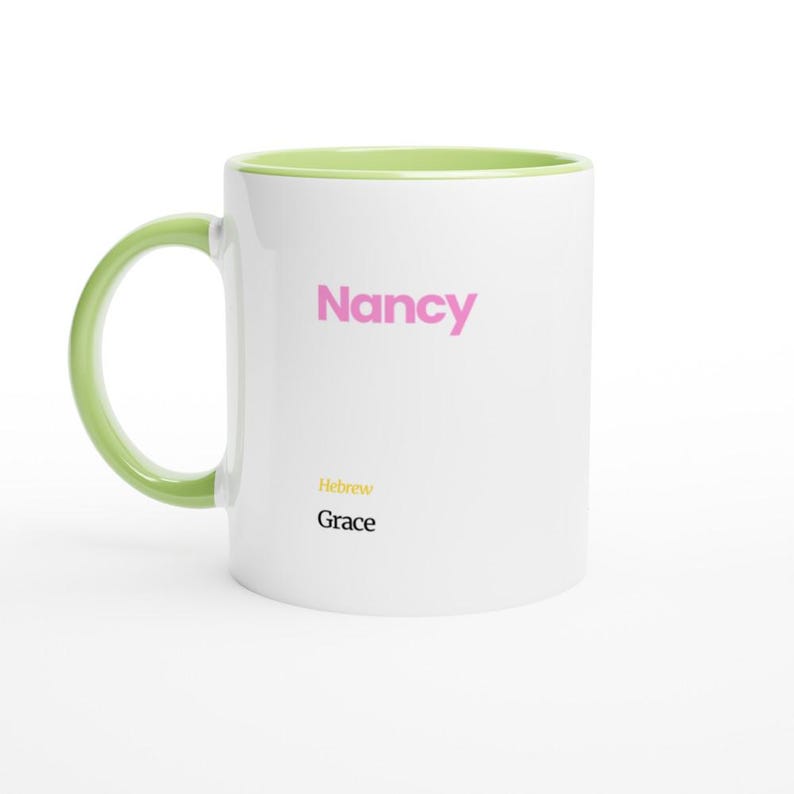 Nancy First Name Meaning Coffee Mug - Personalized Hebrew Script Design in Vibrant Hues Ceramic Green