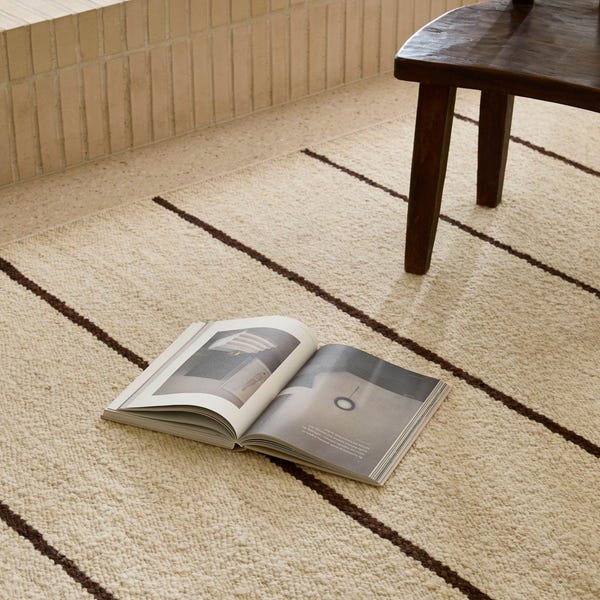 Hand Woven Ivory Brown Flatweave Wool Rug with Brown Stripes Modern Minimal Area Rug for Living Room Bedroom Scandinavian Neutral Decor