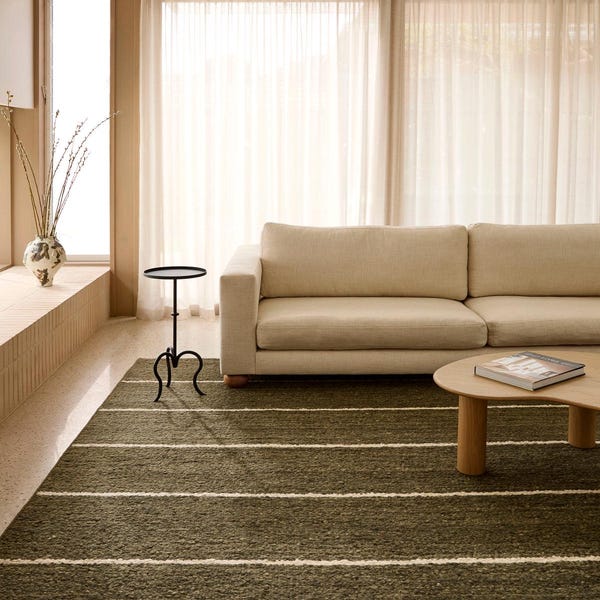 Hand Woven Ivory and Forest Green Flatweave Wool Rug with Ivory Stripes Modern Minimal Area Rug for Every Space