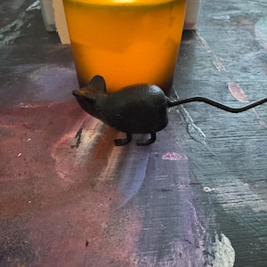 Può includere: Una statuetta di topo in ghisa nera con una lunga coda, posizionata davanti a una candela ambrata accesa in un portacandele di vetro. Il bagliore caldo della candela contrasta con la forma scura del topo. Lo sfondo è una superficie dipinta.