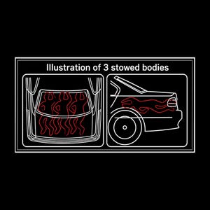 Może przedstawiać: Biały rysunek liniowy na czarnym tle z napisem Illustration of 3 stowed bodies. Grafika przedstawia dwa widoki bagażnika samochodu z trzema czerwonymi konturami ludzkich postaci umieszczonymi poziomo wewnątrz przestrzeni ładunkowej.