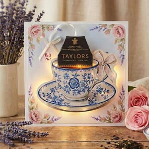3D Light Up Card with Real Pull Out Tea Bag Inside Tea Cup | Gift in a Card | Mother's Day | Birthday