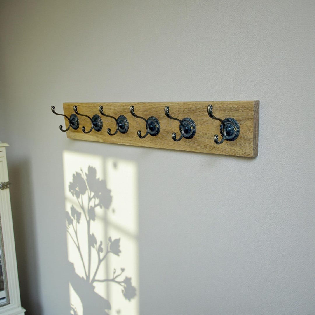 Wall Engraved Rack Solid Oak Wall Rack Coat Hanger Rustic Entryway Organizer Wooden ...