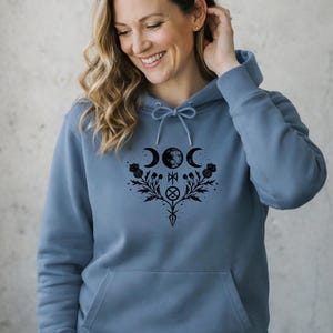 Mystic Nordic Moon Hoodie – Triple Moon Rune Graphic – Women's Wicca Goddess Hoodie – Nordic Mythology Fashion – Spiritual B&C Design