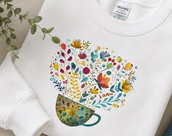 Felpa con stampa floreale da donna, motivo floreale cottagecore, pullover floreale ad acquerello, design botanico boho, maglione floreale vintage