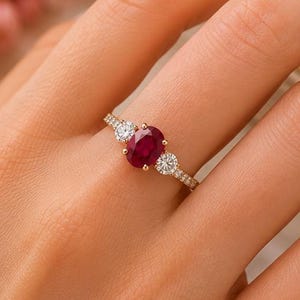 Oval Ruby Engagement Ring Three Stone Ring 18k Gold Vermeil Ruby Wedding Ring Art Deco Ruby Gifts Promise Ring  Bridal Ring Anniversary Gift