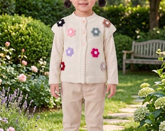 Gilet lavorato a maglia per bambina - Gilet rosa a fantasia floreale - Cardigan fatto a mano per bambina - Completo per bambini con motivo floreale - Abbigliamento autunno inverno 2T 3T