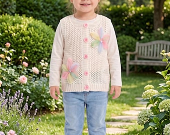Girls Knit Vest, Flower Sweater Vest, Toddler Knit Cardigan, Floral Baby Vest, Spring Summer Kids Clothing, Handmade Style Gift for Girl