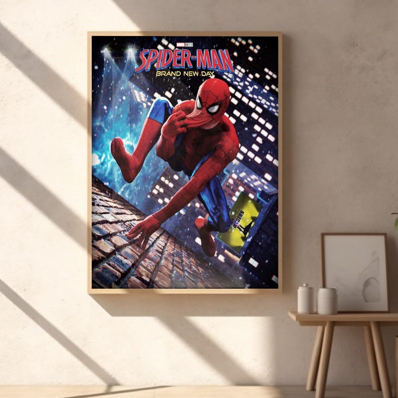May include: A rectangular wall poster featuring Spider-Man in a red and blue suit crouching on a brick rooftop at night. The text SPIDER-MAN BRAND NEW DAY is printed in red and blue at the top. The background shows a dark city skyline with lights.