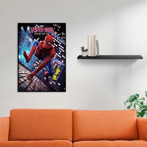 May include: A rectangular wall poster featuring Spider-Man in a red and blue suit crouching on a brick rooftop at night. The text Spider-Man Brand New Day is printed at the top. The background shows a dark city skyline with bright lights.