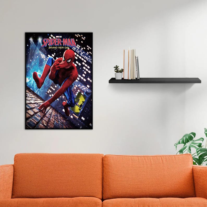 May include: A rectangular wall poster featuring Spider-Man in a red and blue suit crouching on a brick rooftop at night. The text Spider-Man Brand New Day is printed at the top. The background shows a dark city skyline with bright lights.