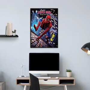 May include: A rectangular wall poster featuring Spider-Man in a red and blue suit crouching on a brick rooftop at night. The text Spider-Man Brand New Day is printed at the top. The background shows a dark city skyline with bright lights.
