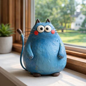 Pode incluir: Uma estatueta de gato azul e redonda com superfície texturizada, olhos brancos grandes, orelhas castanho-escuras e uma cauda longa e curva. O gato apresenta bochechas circulares vermelho-brilhantes e bigodes escuros sobre pés castanhos.