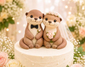 Animal Couple Wedding Cake Toppers, Handmade Ultra-Light Clay Bride Groom Figurines, Anniversary Gift