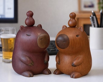 Handmade Wood Carved Capybara Figurine, Natural Desk Decor