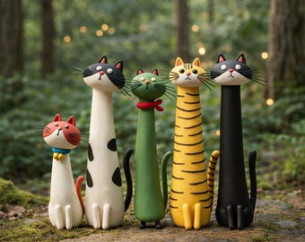 Handmade Clay Funny Cat Figurines, Whimsical Cat Sculptures, Mini Desk Decor