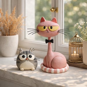 May include: Two quirky cat ornaments. A pink cat with a long neck, yellow eyes, and a black bow tie stands beside a grey and white cat with large eyes. Both are decorative items.