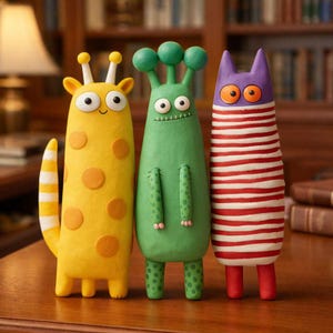 Peut inclure: Trois figurines de monstres colorés et fantaisistes. Le jaune a un design de girafe avec des taches orange et une queue rayée. Le monstre vert a trois antennes vertes en forme de boule. Le troisième monstre est violet avec des rayures rouges et blanches.