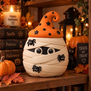 Op de afbeelding: Een decoratief mummiebeeldje met een rond lichaam gewikkeld in gebroken witte windsels met twee zichtbare ogen, bekroond met een oranje puntmuts versierd met zwarte sterren en stippen, en geaccentueerd met drie kleine zwarte spinnen op de windsels.