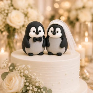 Handmade Penguin Wedding Cake Topper – Ultra-Light Clay Bride Groom Figurines – 4 Inch Keepsake Decor