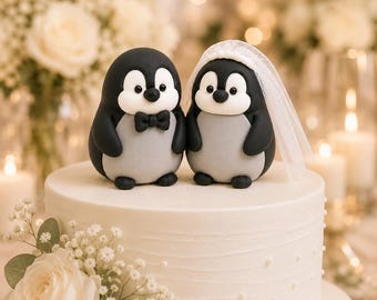 Handmade Penguin Wedding Cake Topper – Ultra-Light Clay Bride Groom Figurines – 4 Inch Keepsake Decor