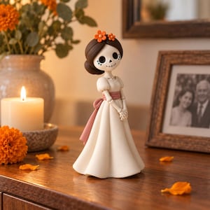 May include: A figurine of a skeletal figure with dark hair styled in a bun, adorned with orange flowers. The figure wears a cream-colored dress with puff sleeves and a dusty pink sash tied at the waist. The face features painted black eye sockets.