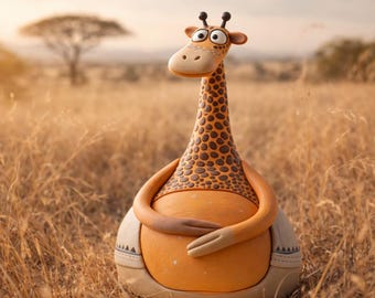 May include: A whimsical, orange giraffe figurine with a long neck and brown spots. The giraffe has a friendly expression and is hugging itself. The figurine is set in a field of tall, dry grass, with a tree in the background.